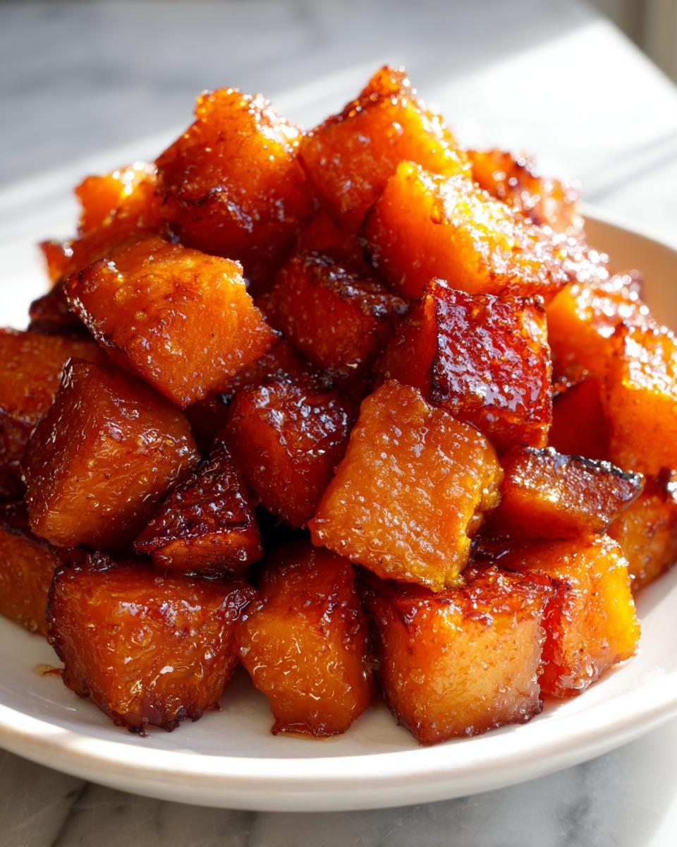 Close-up of caramelized, glazed cubes of sweet potatoes piled high on a white plate.