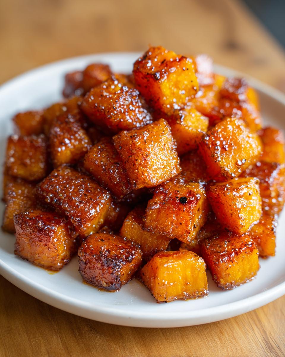 Close-up of caramelized, glazed cubes of sweet potatoes piled on a white plate.