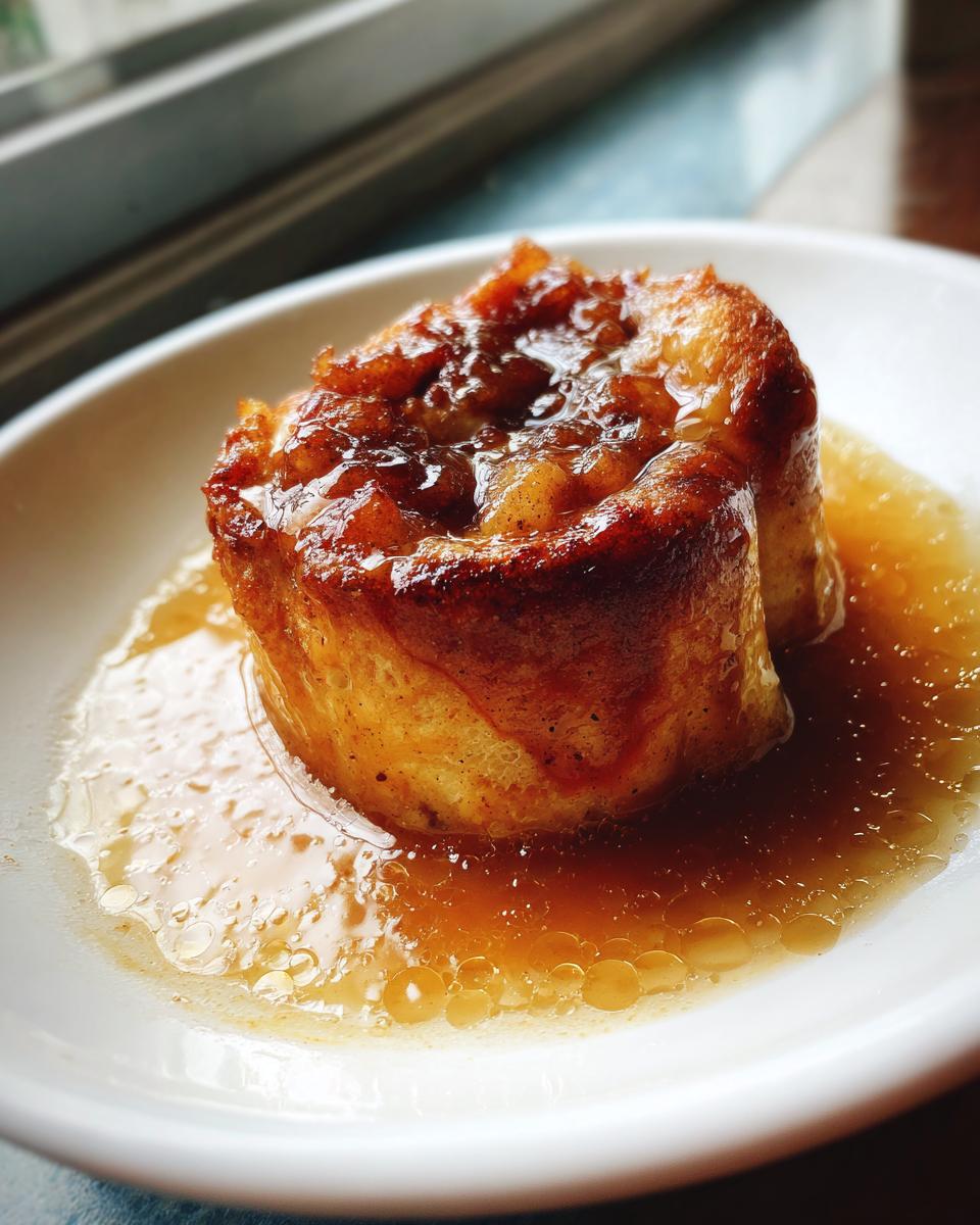 A close-up of a single, golden-brown apple dumpling covered in thick, amber syrup, served in a white bowl.