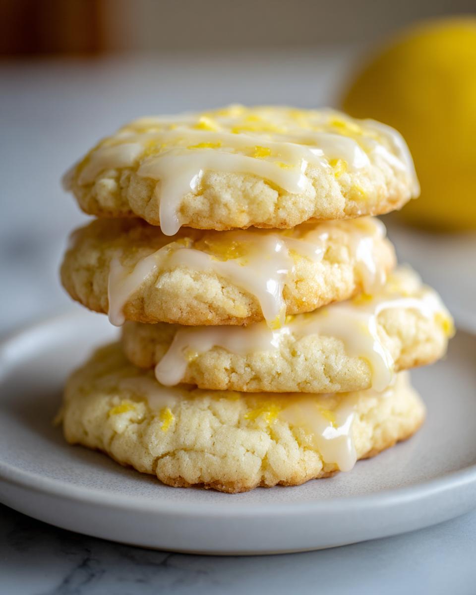 A stack of three soft, glazed lemon cookies topped with bright yellow zest on a light gray plate.