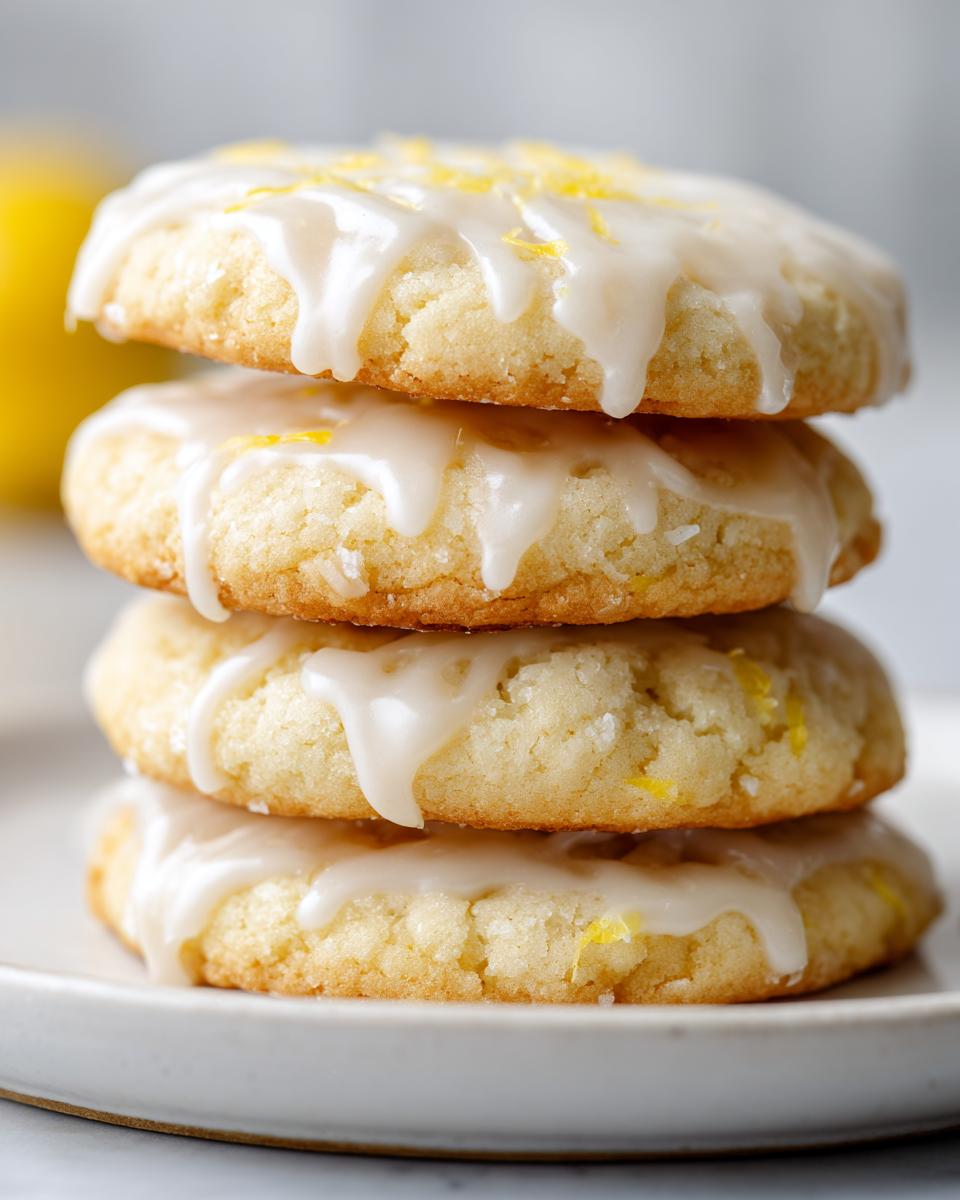 A stack of four soft, glazed lemon cookies topped with bright yellow lemon zest.