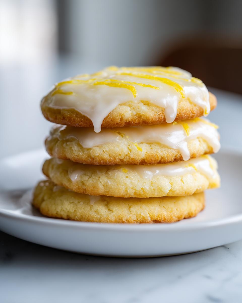 A stack of four soft, glazed lemon cookies topped with bright yellow lemon zest.
