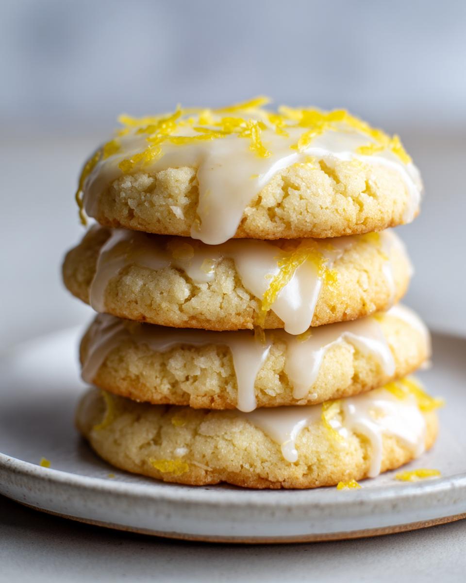A stack of four soft, glazed lemon cookies topped with bright yellow lemon zest.