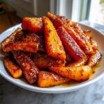 A white bowl filled with beautifully glazed and caramelized roasted carrots, sprinkled with herbs.