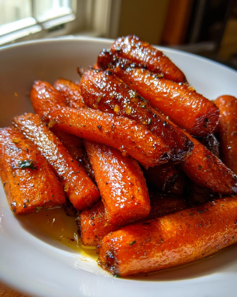A close-up of sweet, glazed roasted carrots piled high in a white bowl, showing caramelized edges.