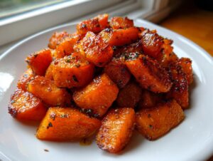 A mound of glossy, caramelized roasted carrots seasoned with herbs, served on a white plate.