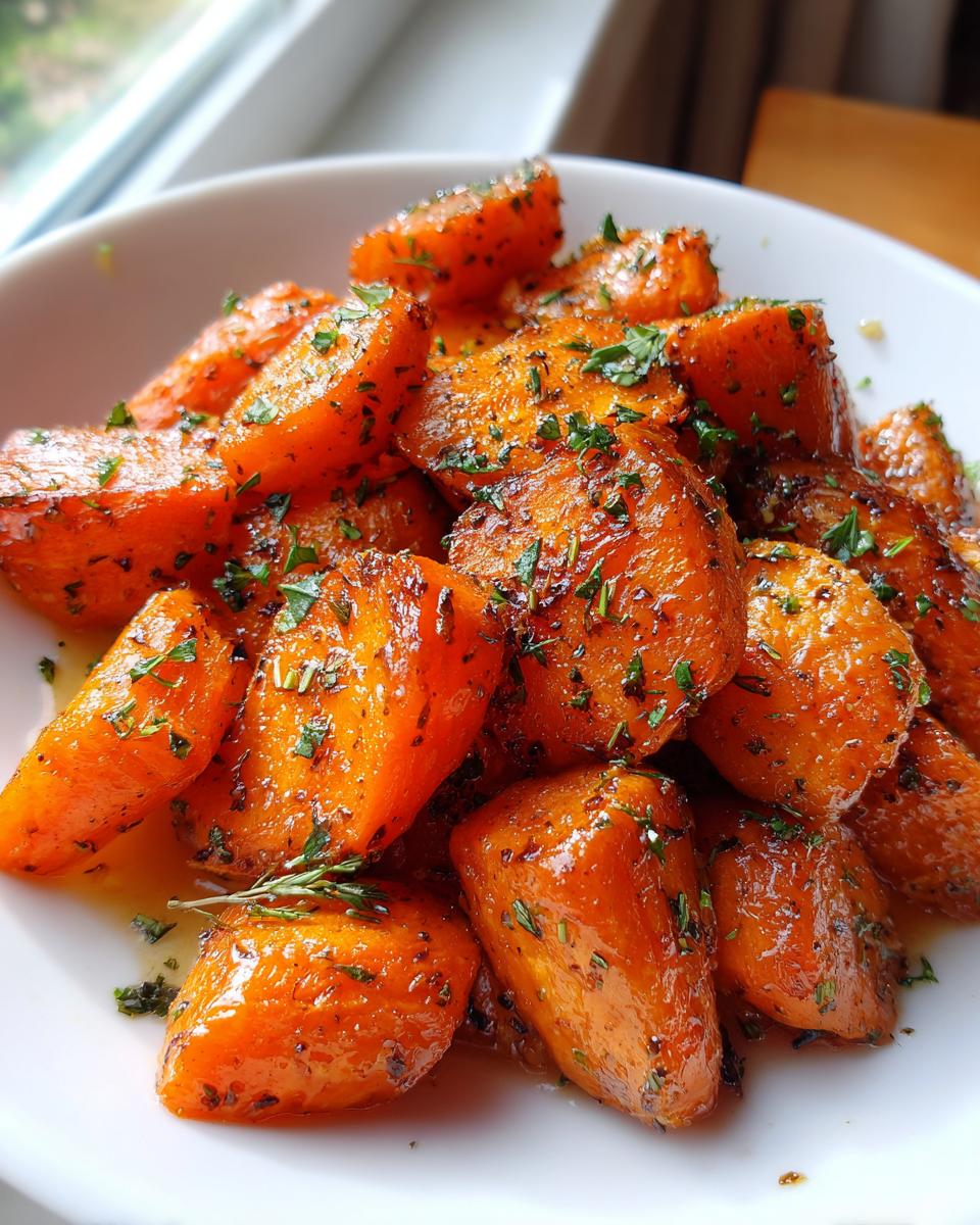 Close-up of shiny, glazed roasted carrots seasoned with fresh parsley and herbs in a white bowl.