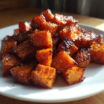 Close-up of caramelized, roasted sweet potatoes cubes piled on a white plate.