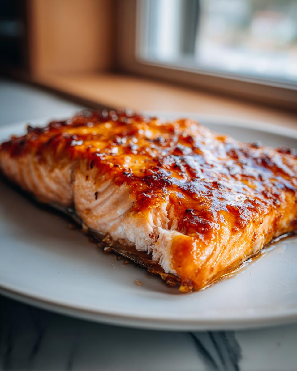 Close-up of a perfectly cooked, glazed salmon fillet resting on a white plate, showcasing the flaky texture of this salmon recipe.