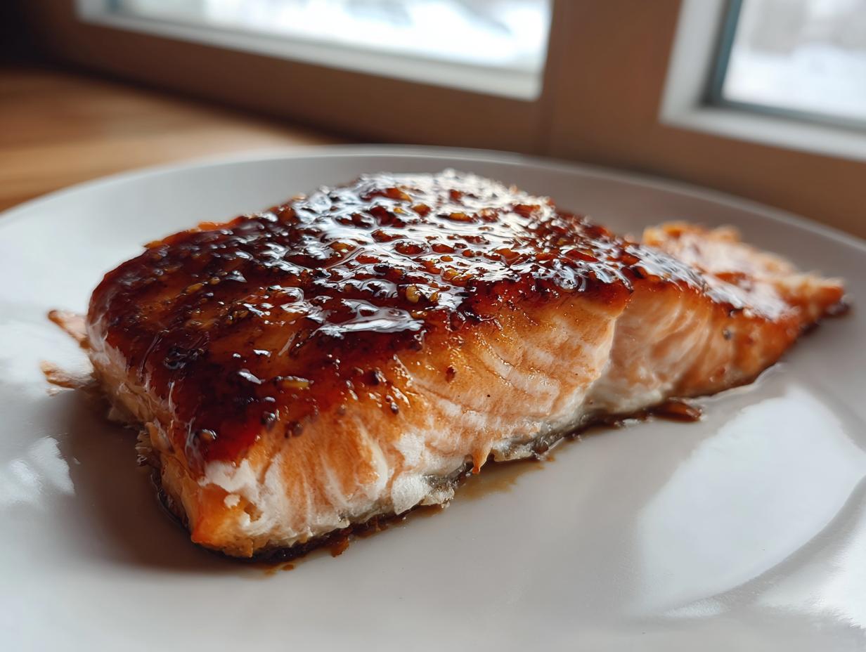 Close-up of a perfectly cooked salmon recipe fillet topped with a thick, shiny, dark amber glaze.