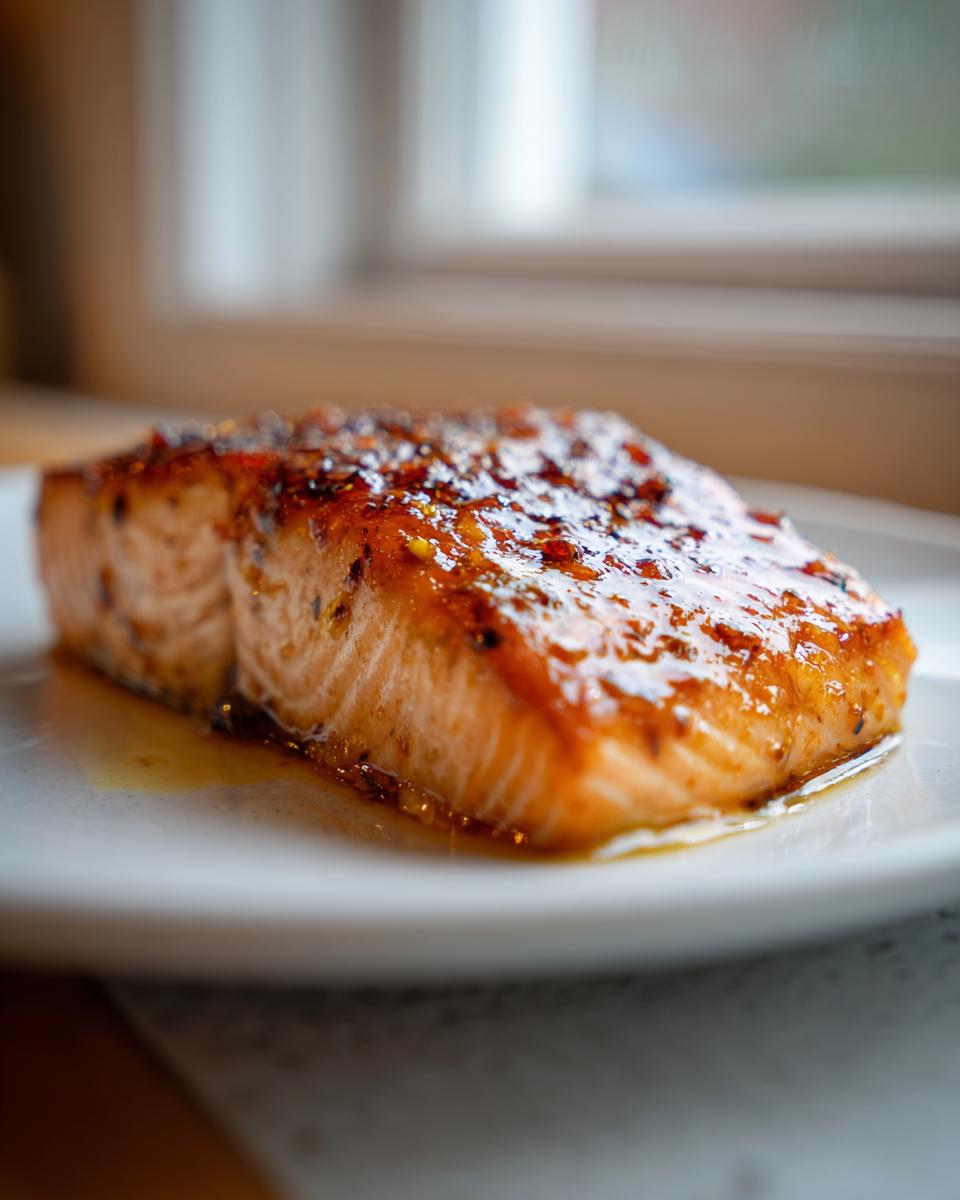 Close-up of a perfectly cooked, glazed salmon fillet resting on a white plate, showcasing the shiny, savory topping.