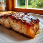 Close-up of a perfectly cooked salmon fillet with a shiny, dark glaze, ready for this amazing salmon recipe.