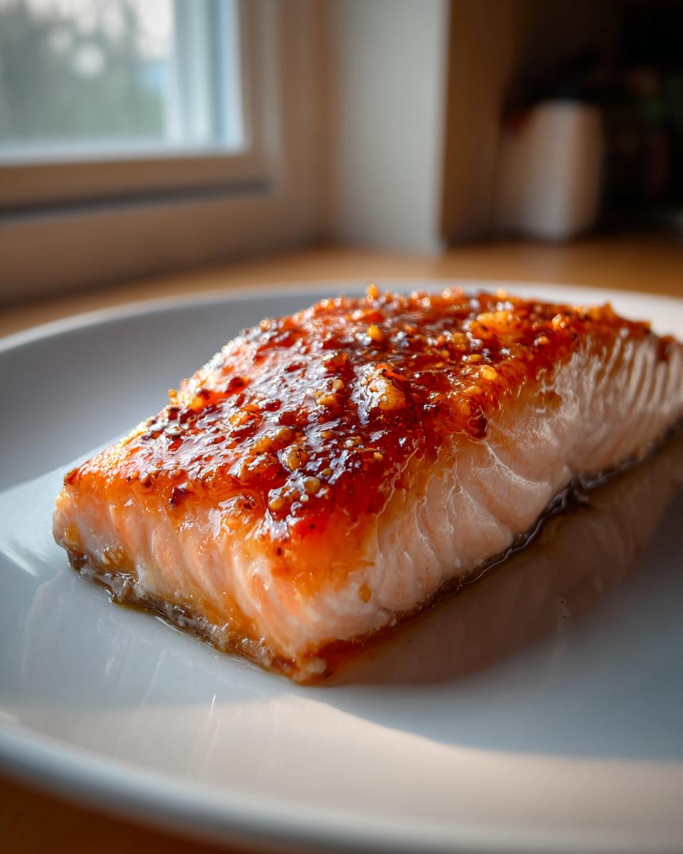 Close-up of a perfectly cooked salmon recipe fillet with a thick, glistening, sweet and savory glaze on a white plate.