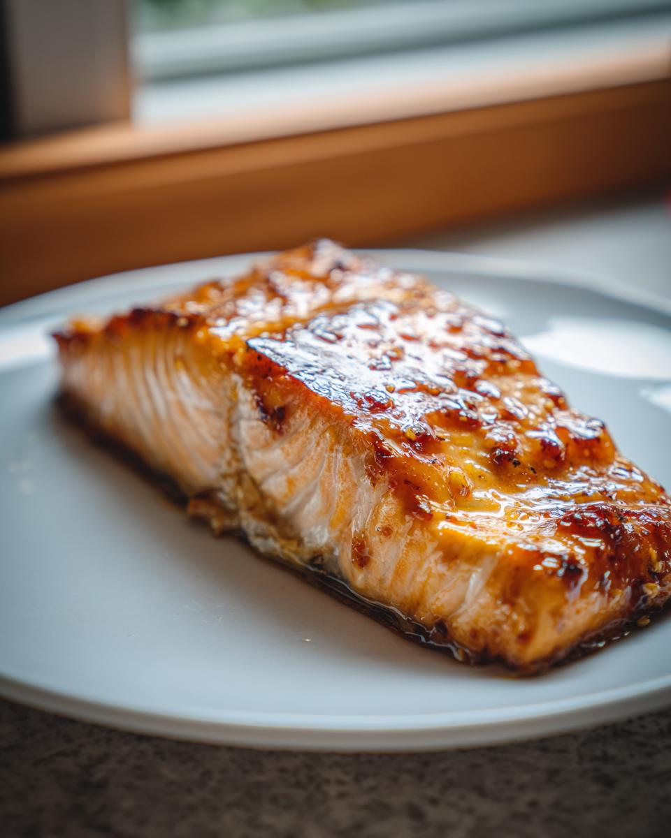 Close-up of a perfectly cooked, glazed salmon fillet resting on a white plate, showcasing the moist texture of this salmon recipe.