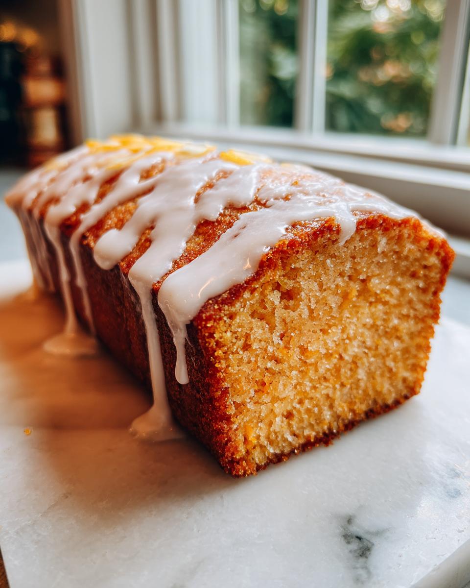 A close-up of a whole sweet potato pound cake loaf drizzled with white glaze, sitting on a marble surface.