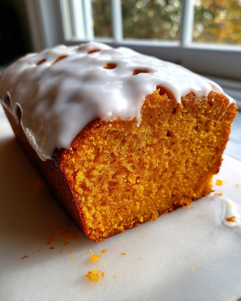 Close-up of a vibrant orange sweet potato pound cake loaf topped with thick white glaze.
