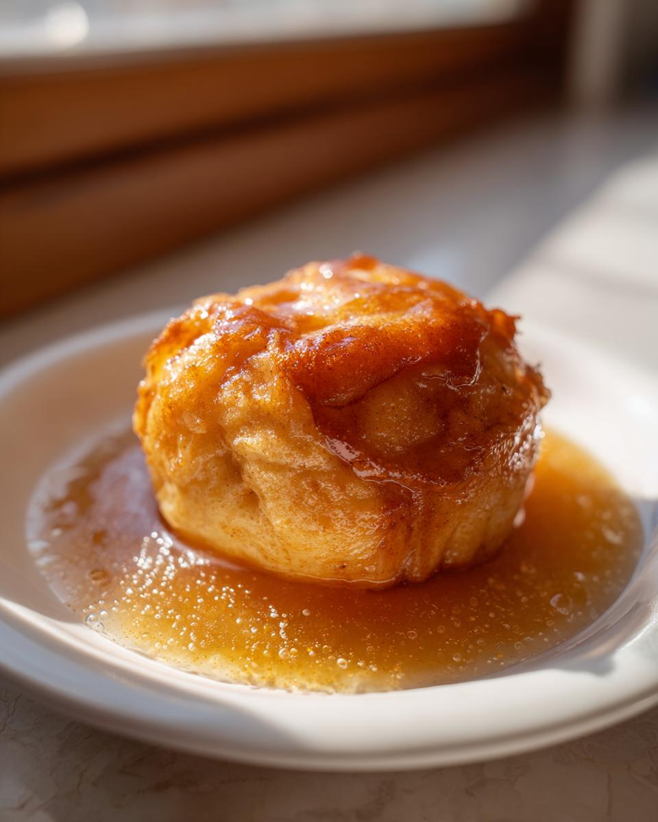 A single, golden-brown apple dumpling drenched in a bubbling, shiny caramel sauce on a white plate.