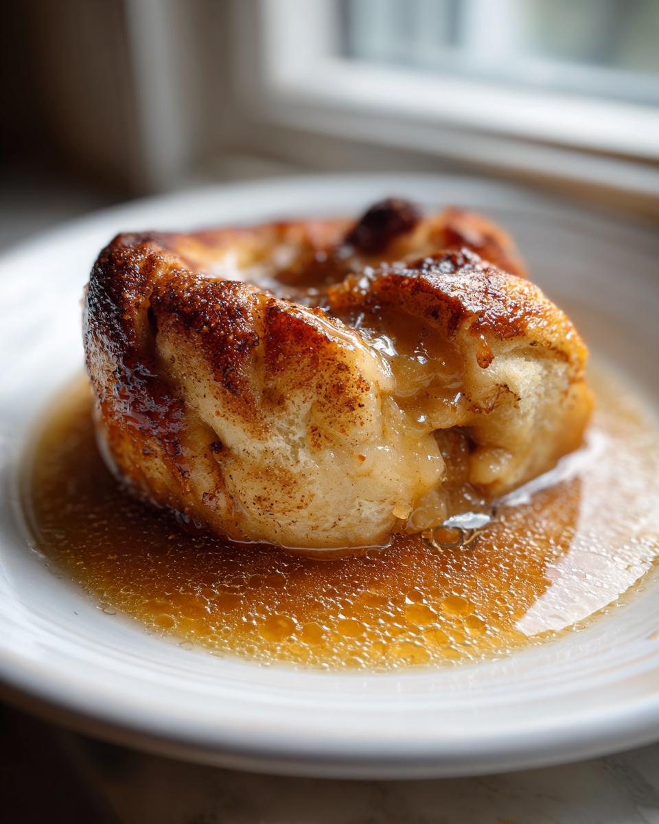 A single, golden brown apple dumpling sitting in a pool of rich, syrupy sauce on a white plate.