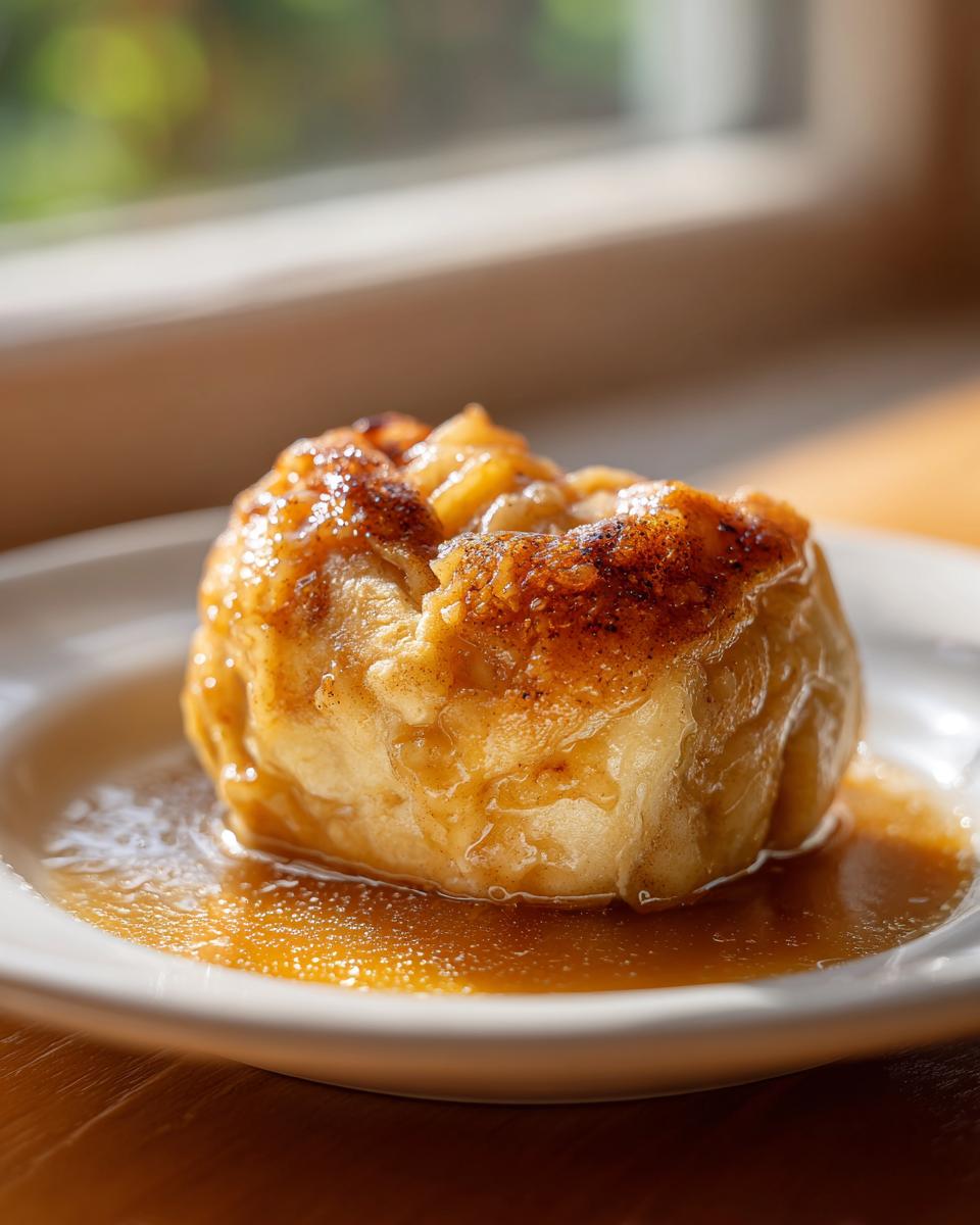 A close-up of a warm, golden baked apple dumpling sitting in a pool of rich caramel sauce.