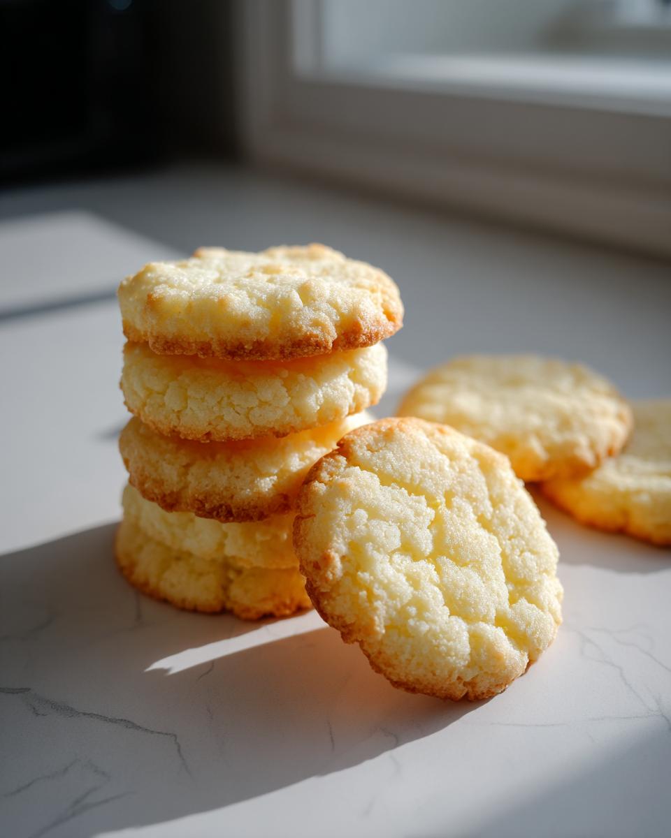 A stack of golden brown, textured butter cookie treats sitting on a white marble surface with strong sunlight.