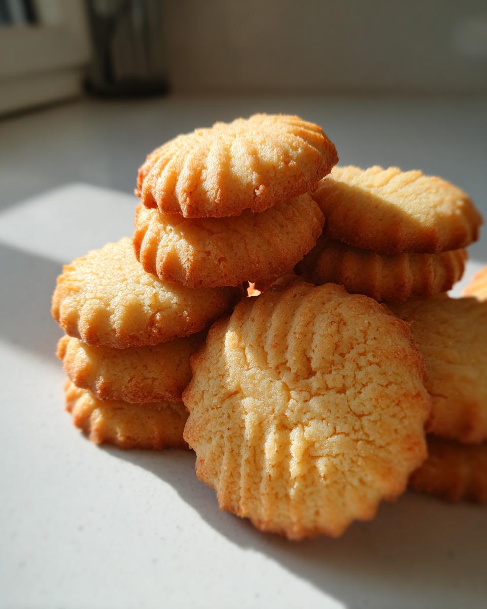 A close-up stack of freshly baked, golden brown butter cookie treats with ridged tops, bathed in sunlight.