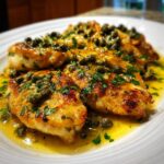 Close-up of golden pan-seared chicken piccata topped with capers and parsley in a bright lemon sauce.