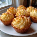 Close-up of several golden brown duchess potatoes piped into decorative swirls on a white plate.