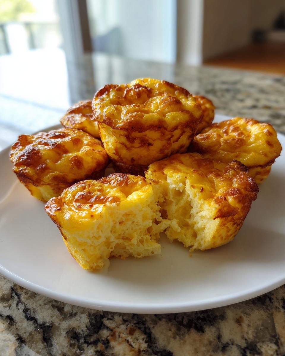 A stack of golden brown, fluffy homemade egg bites served on a white plate, with one broken open to show the texture.