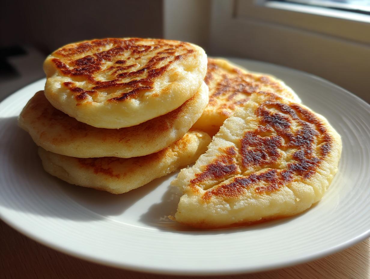 A stack of freshly cooked, golden brown irish potato farls resting on a white plate near a window.