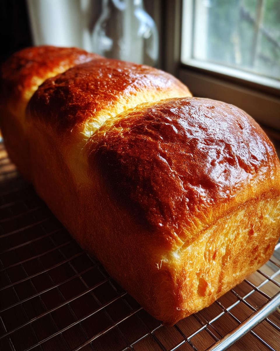 A freshly baked, golden-brown loaf of japanese milk bread cooling on a wire rack near a window.