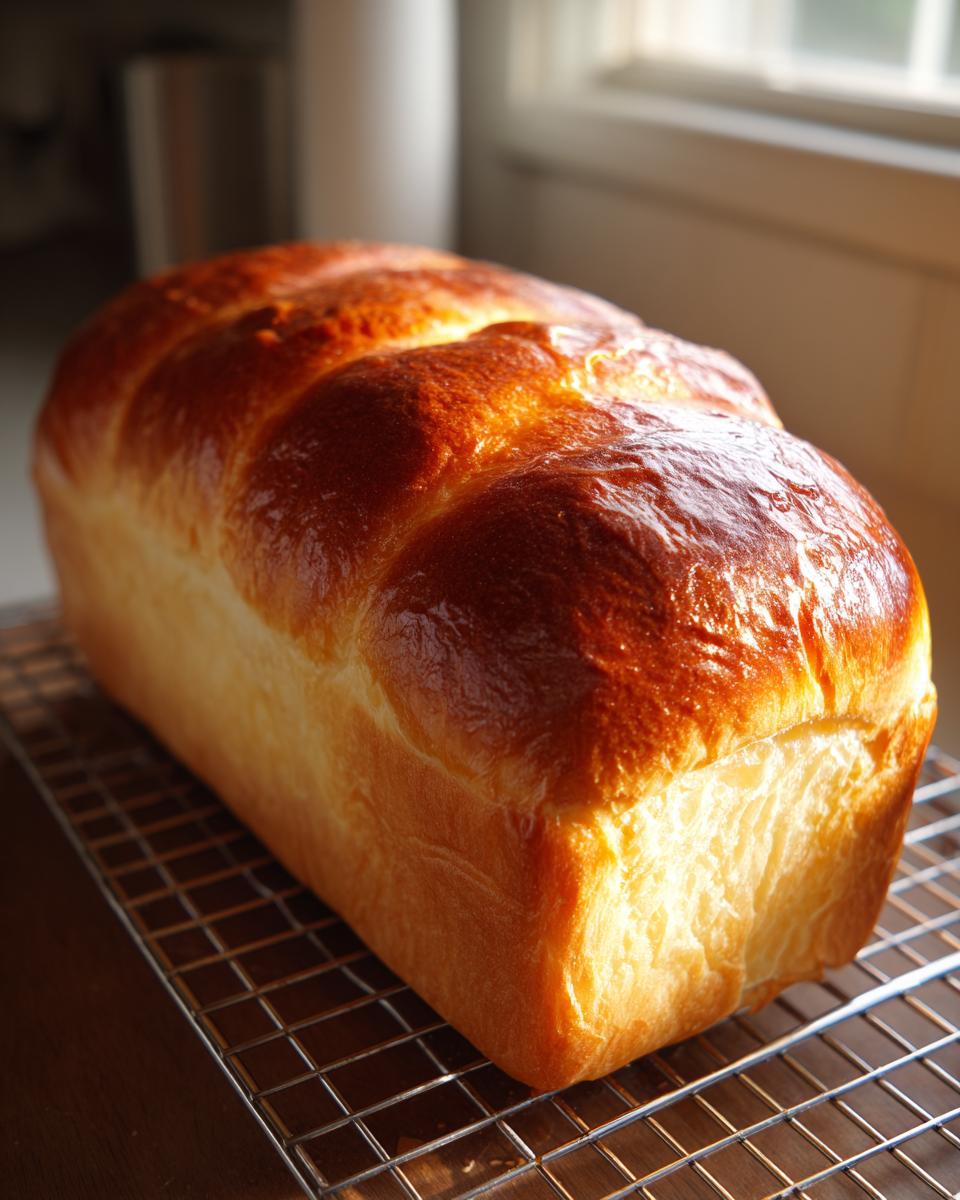 A freshly baked loaf of golden brown japanese milk bread cooling on a wire rack.
