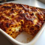 Close-up of a bubbling, golden brown pasta bake with a cheesy, browned top, showing a serving removed.
