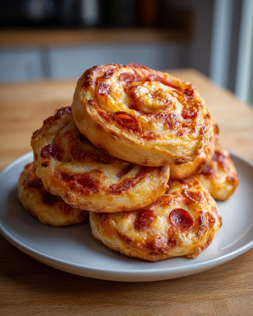 A stack of freshly baked, golden brown pepperoni pizza pinwheels piled on a light gray plate.