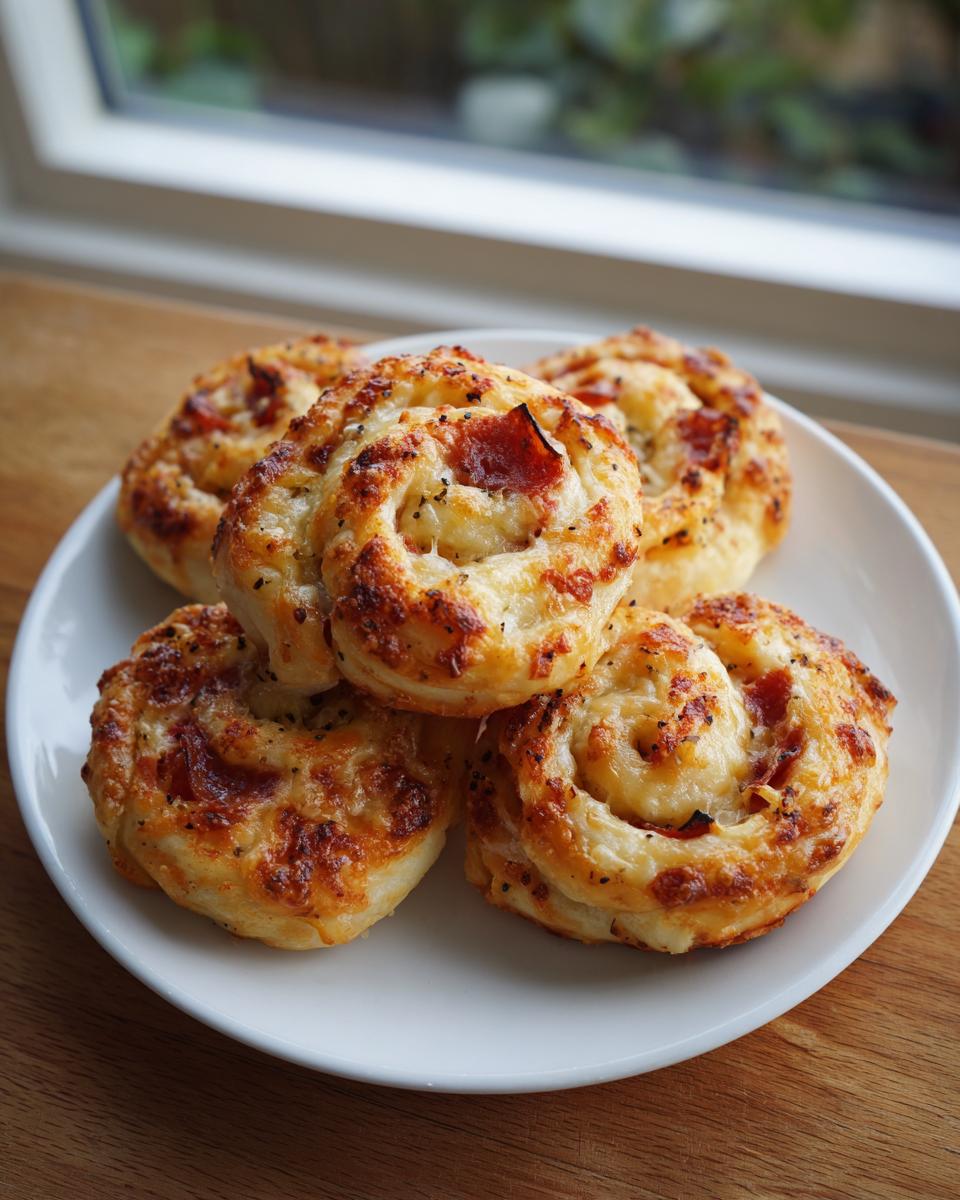 A stack of five freshly baked, golden brown pizza pinwheels seasoned with herbs on a white plate.
