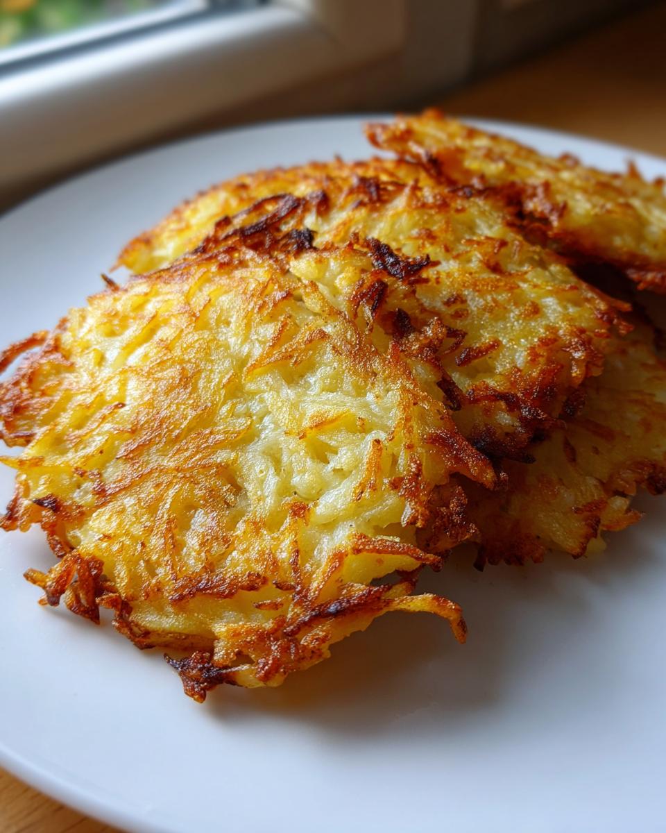 Close-up of several crispy, golden brown potato pancakes stacked on a white plate.