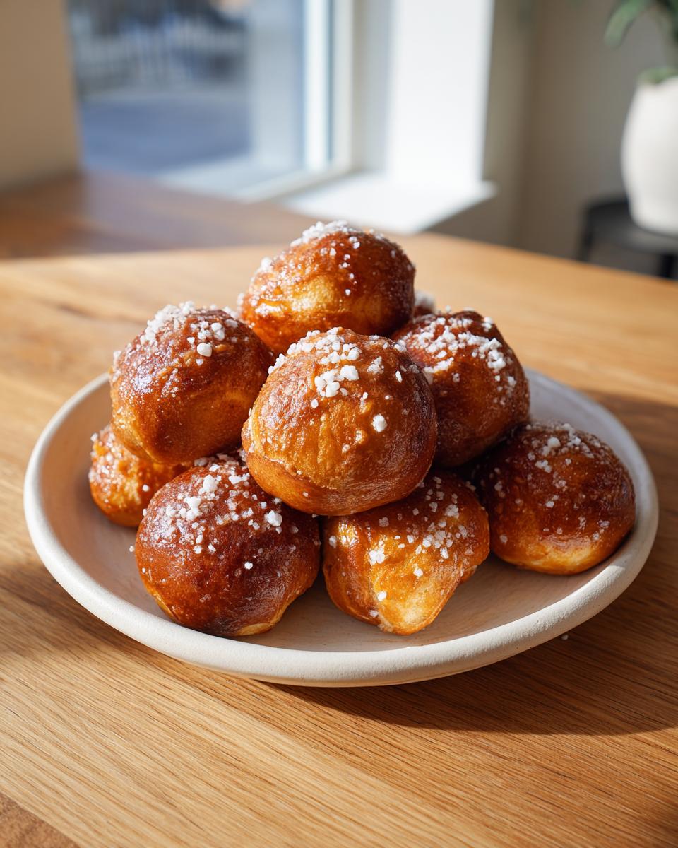 A stack of freshly baked, golden brown pretzel bites sprinkled with coarse salt, ready for game day.