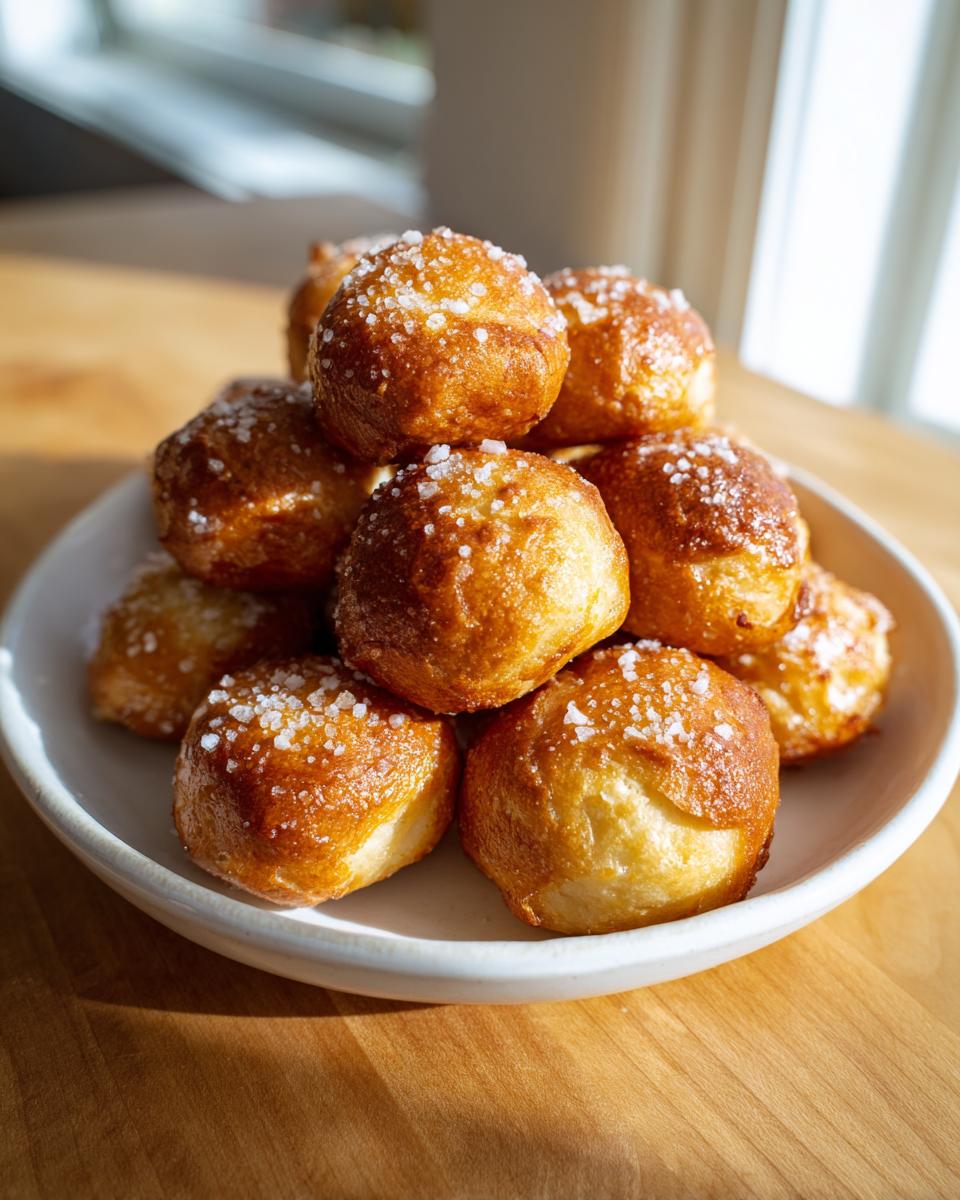 A stack of freshly baked, golden brown pretzel bites topped with coarse salt, perfect for game day.