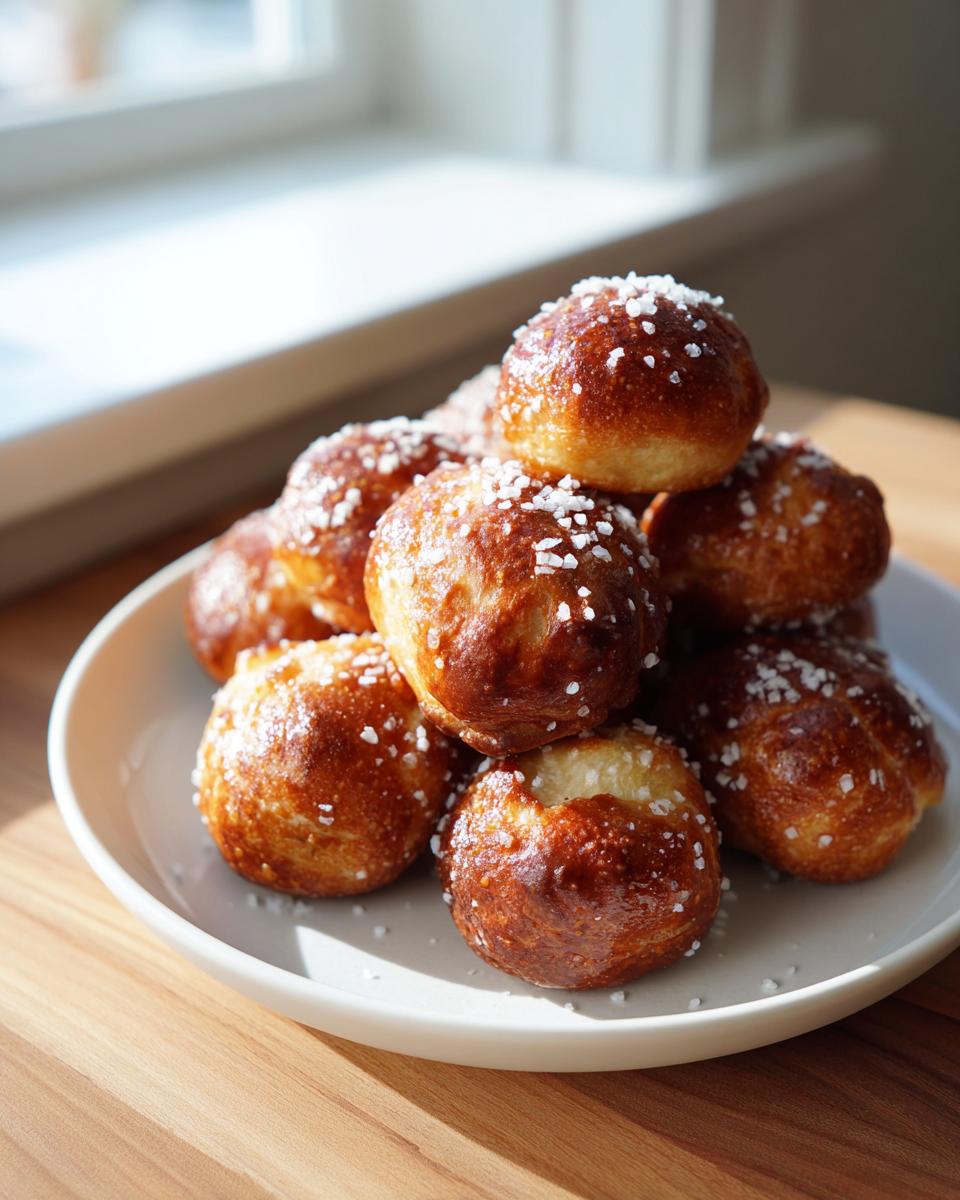 A stack of freshly baked, golden brown pretzel bites sprinkled with coarse salt, ready for game day.