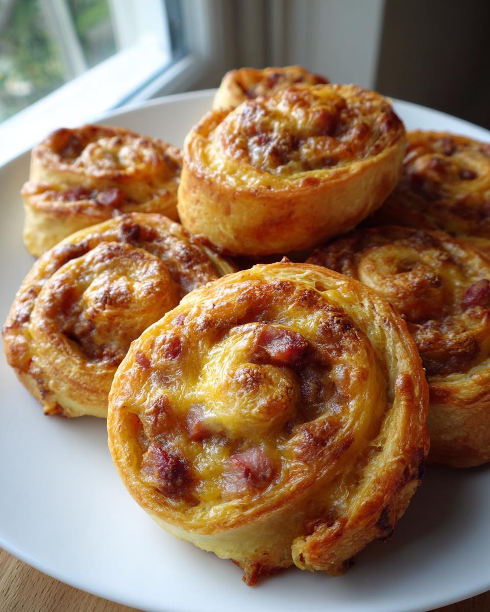 A close-up of several golden brown sausage pinwheels piled on a white plate near a window.