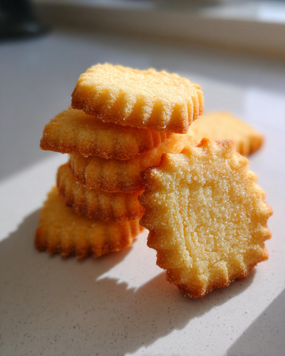 A stack of golden, scalloped-edge butter cookie treats glistening with sugar, photographed in bright sunlight.