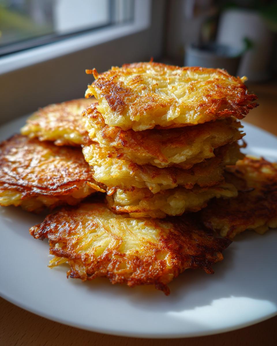 A tall stack of crispy, golden brown potato pancakes resting on a white plate near a window.
