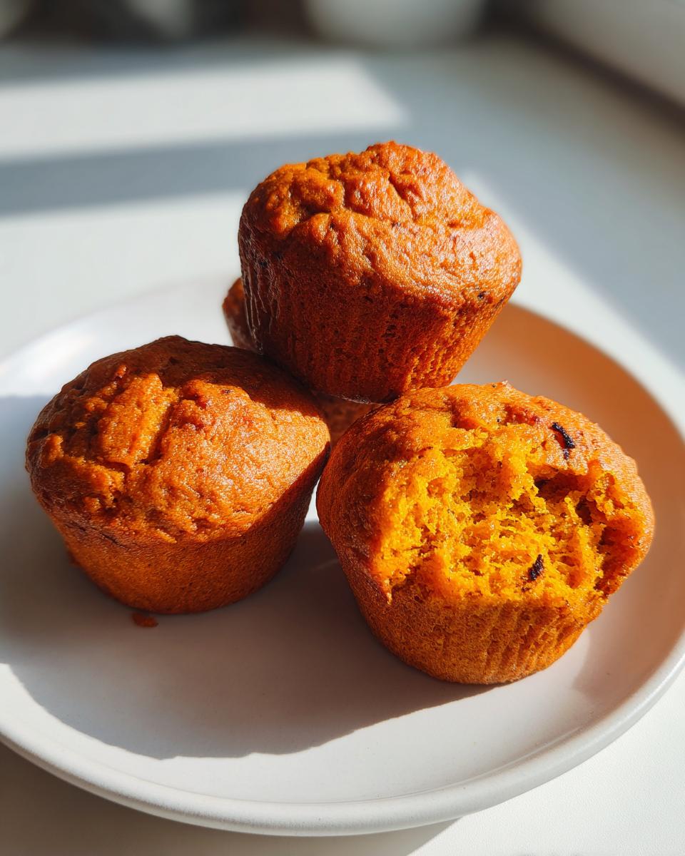 Three freshly baked sweet potato muffins stacked on a white plate, with one muffin broken open to show the moist interior.