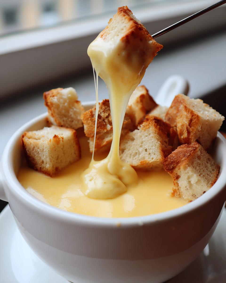 A piece of toasted bread is dipped into a white bowl of melted cheese fondue, showing a long, gooey cheese pull.