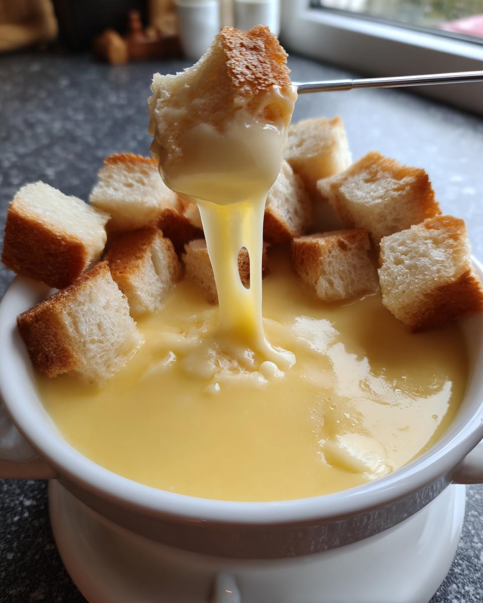 A piece of bread dipped into creamy, melted cheese fondue, showing a long, gooey cheese pull.