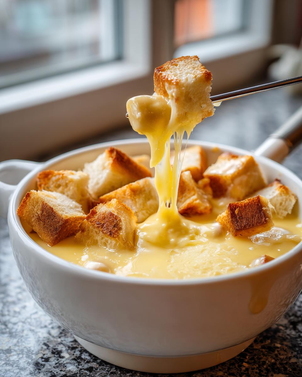 A piece of toasted bread is lifted from a white pot of gooey cheese fondue, showing long cheese strings.