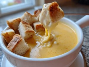 A piece of toasted bread is dipped into a white bowl of smooth, yellow cheese fondue, showing a perfect cheese pull.
