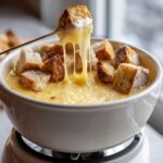 A piece of bread is being lifted from a pot of amazing cheese fondue, showing long, gooey cheese pulls.