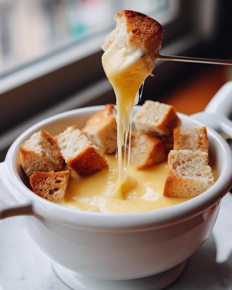 A piece of bread is lifted from a white bowl of melted cheese fondue, showing long, gooey cheese strings.