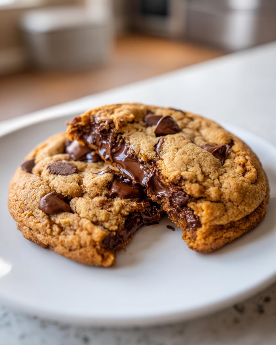 Close-up of a freshly baked chocolate chip cookie broken in half showing melted, gooey chocolate filling.