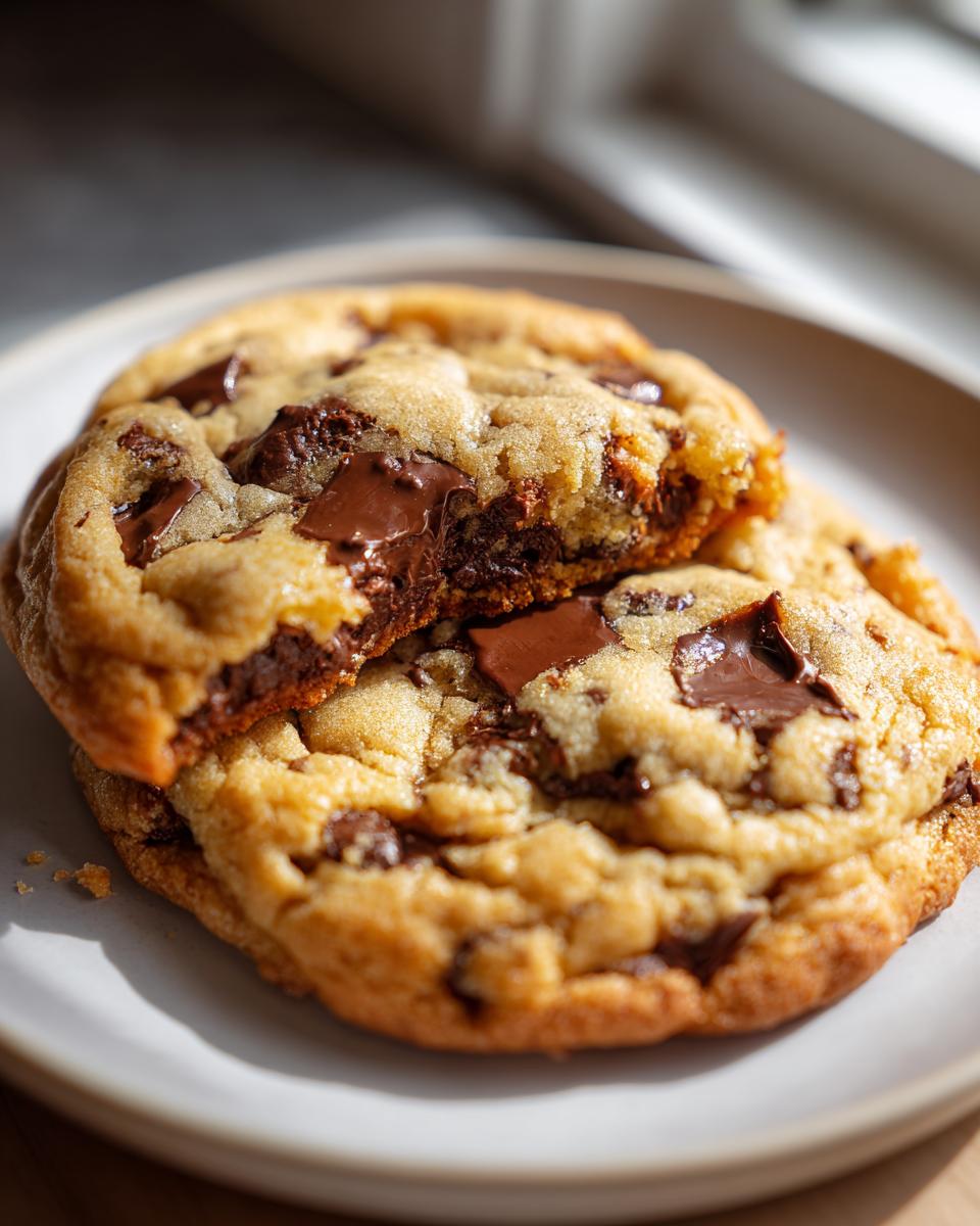 Close-up of a thick, gooey chocolate chip cookie broken in half revealing melted chocolate chunks.